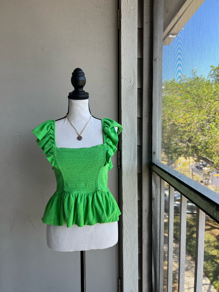 Anthropologie Green Ruffle-Sleeve Smocked Peplum Top